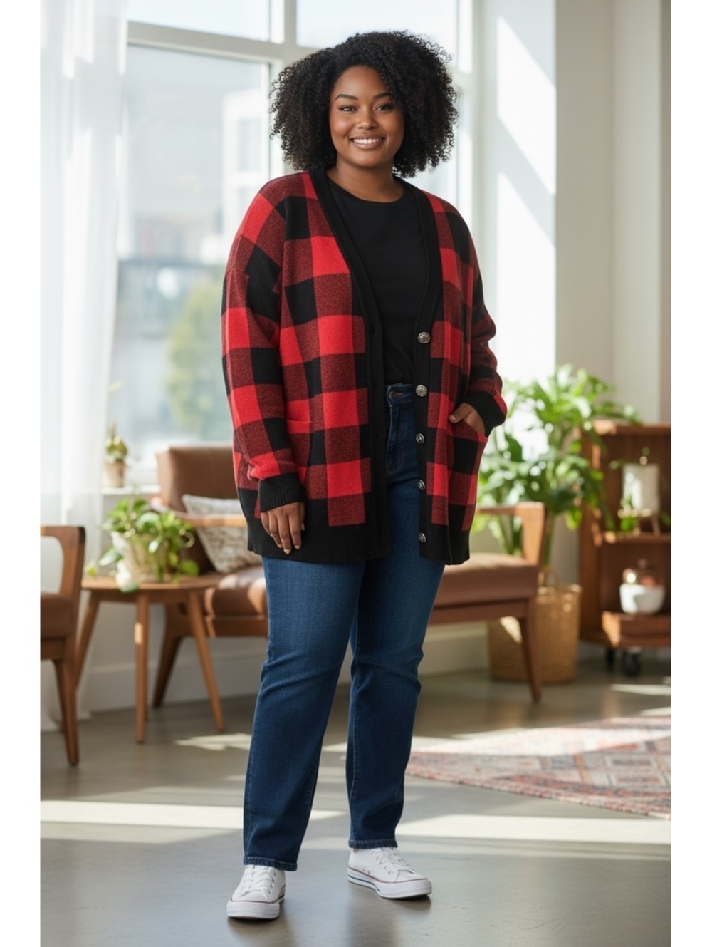 Tommy Bahama XL Red and Black Buffalo Plaid Button-Up Cardigan Sweater